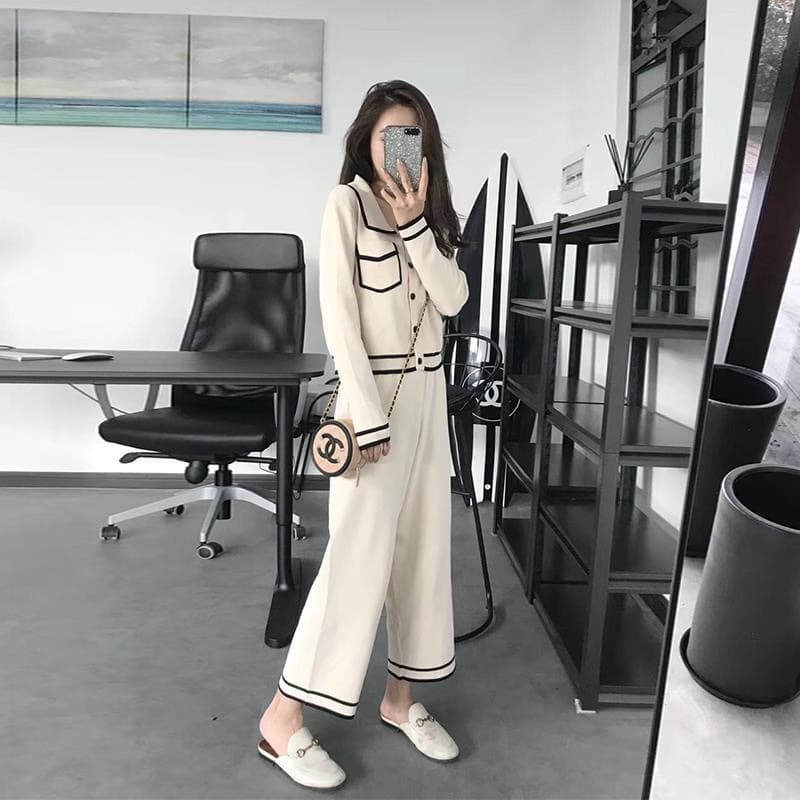 Elegant Lady Knit Two-Piece Set Long-Sleeve Top High-Waist Wide-Leg Cropped Pants Summer Chic