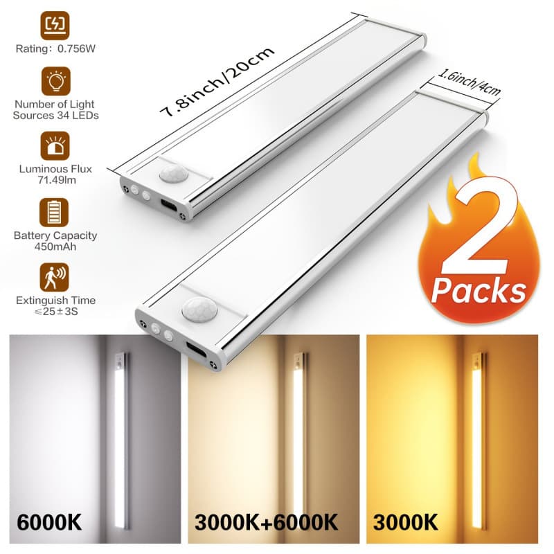 2026 New Cross-border Drop Shipping Power LED Cabinet Light (2/4 Pack) Motion Sensor 11.8 Inch