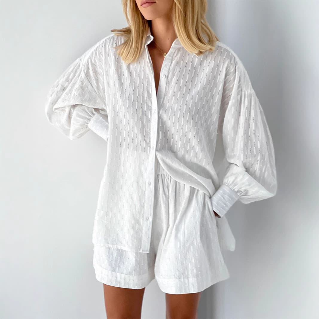 Hollow Jacquard Niche French Long-Sleeved Suit Shirt Spring and Summer 2025 New Shorts Casual Women's Clothing