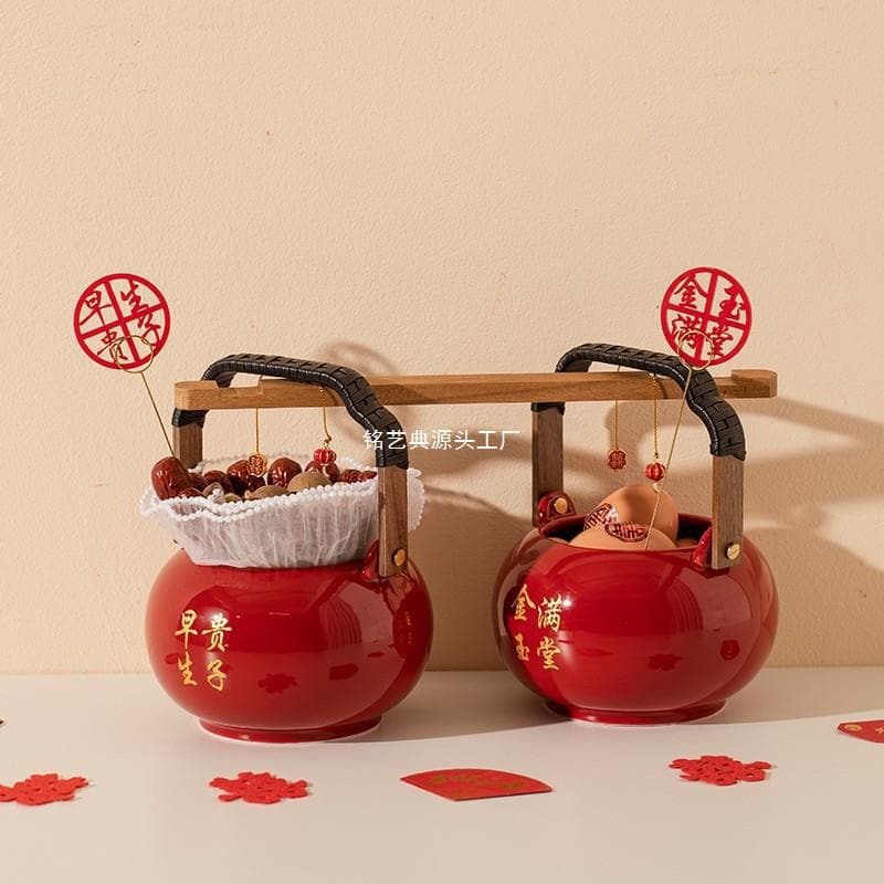 Descendants' Pail Pair Dowry Set Complete Supplies Red Chamber Pot Spittoon Bride's Family Dowry Celebration Ornaments