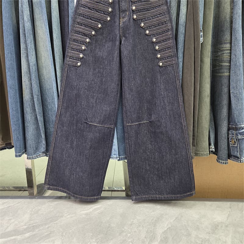Vintage Napoleon-Style Rivet Double-Breasted Jeans for Women 2026 Fall New High-Waist Straight Wide-Leg Pants