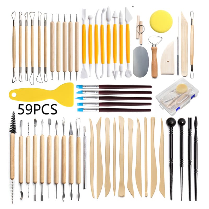 59-Piece Pottery Tool Set for Clay Artistic Sculpture Silicone Pen Ball Rod Stone Plastic Clay Carving Knife Wooden Metal Plastic