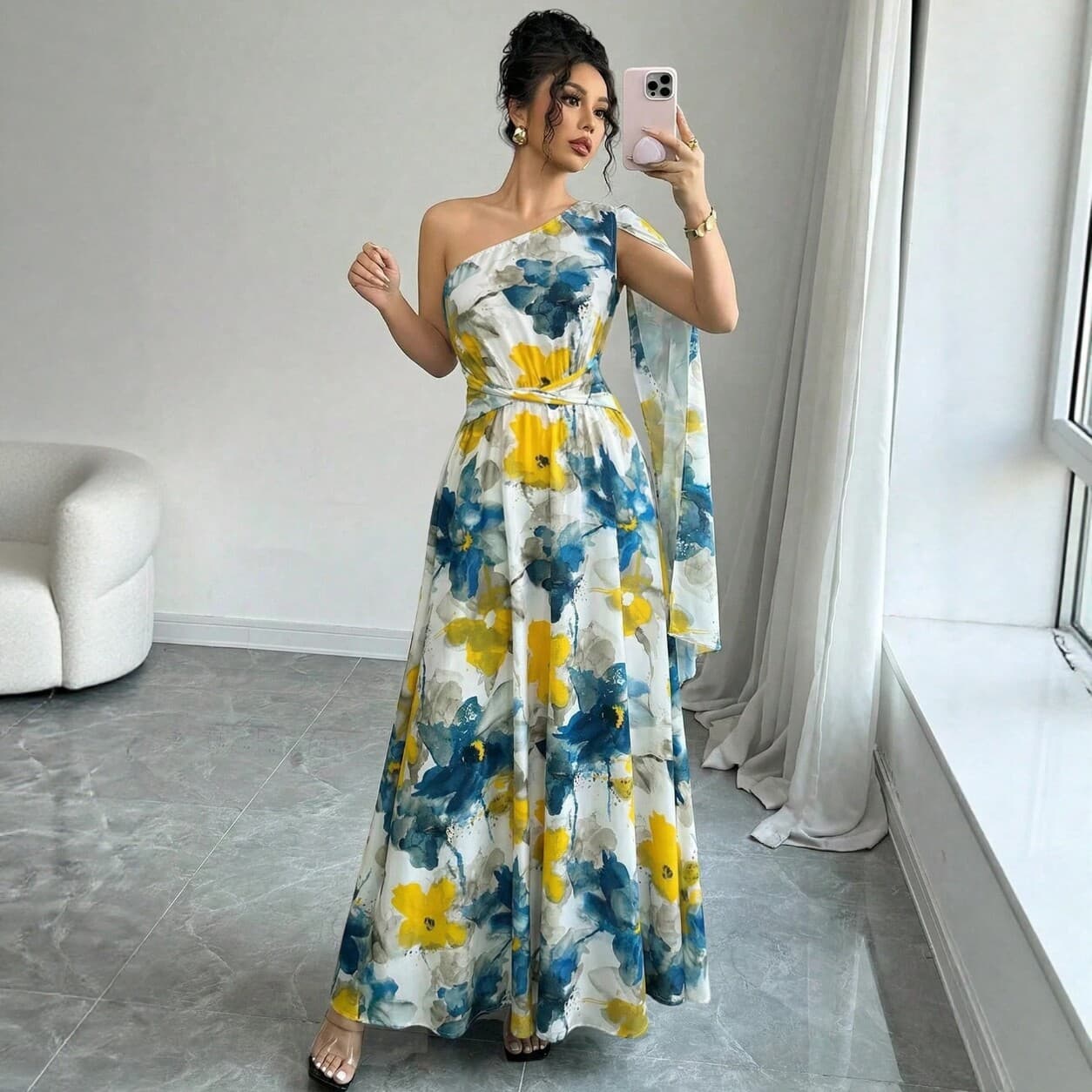2026 Spring Summer New Cross-Border Plus Size Printed Dress Women Waist Slimming Maxi Dress Fashion