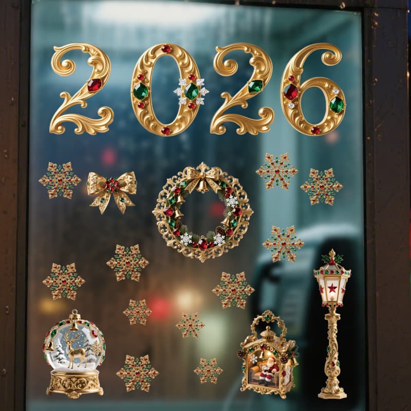 2026 New Gold Christmas Elegant Gold Glass Holiday Decoration Window Sticker for Storefront Display