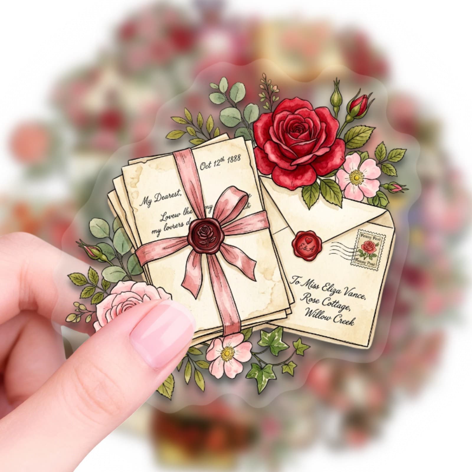 50 sheets of transparent PET vintage rose-themed floral stickers for love letters, bouquets, gift boxes, journals, DIY decorations, and waterproof stickers.