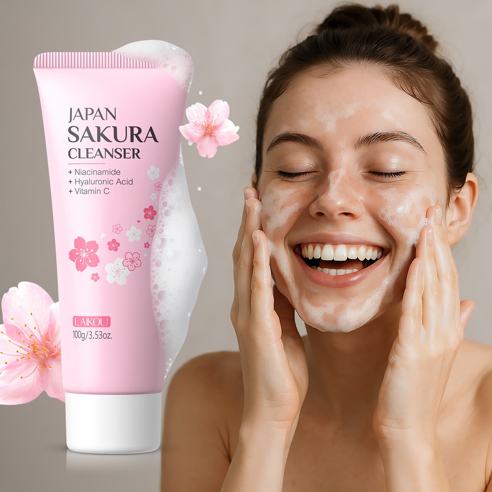 LAIKOU Sakura Moisturizing Cleanser 100g Deep Pore Cleaning Hydrating Facial Wash for All Skin Types Professional Grade