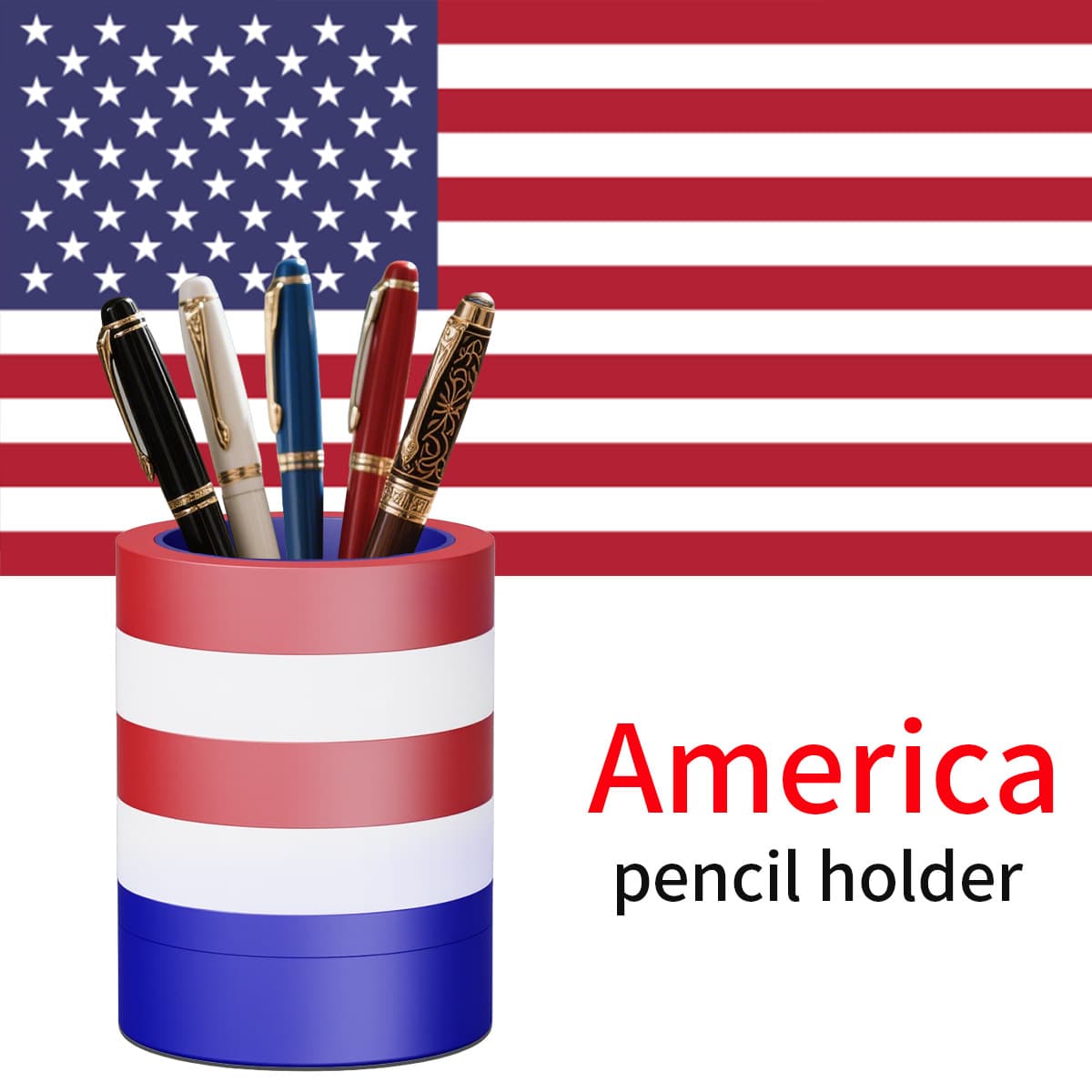 Flag pen holder American flag pattern pen holder is available in large quantities. Round pen holder student supplies pen holder can be customized.