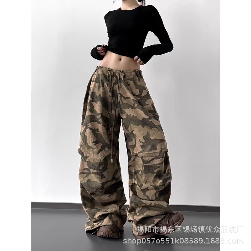 American Retro Camo Cargo Pants for Women 2025 Summer New High Waist Loose Tall Wide Leg Casual Long Pants