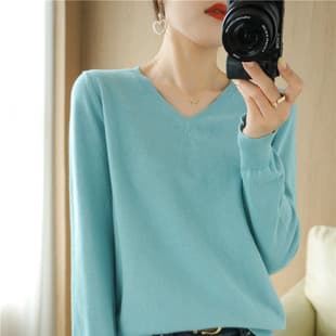 26 Early Autumn New V-Neck Knit Sweater, Pullover Versatile Long Sleeve Sweater for Women, Slimming Solid Color Cotton Inner Layer Top
