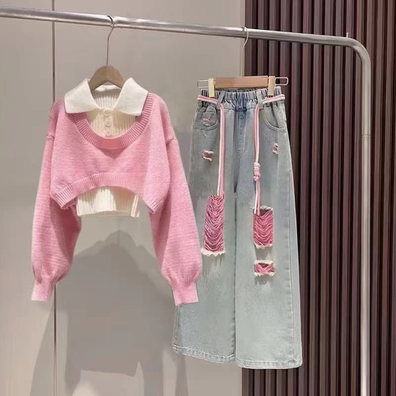 Girls' Spring and Autumn Sweater 3-Piece Set 2024 New Fall Collection for Older Girls Trendy Dopamine Style