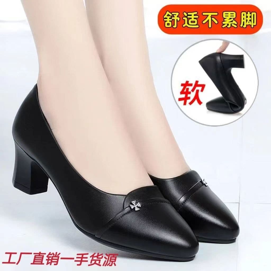 2025 Spring New Middle-Aged Mother Shoes, Women's High Heel Leather Shoes, Soft Sole Flats, Medium Chunky Heel Black Work Shoes