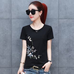 Short Sleeve T-Shirt Women 2026 Summer New Korean Style Round Neck Floral Bird Print Top T-Shirt Ins Fashion