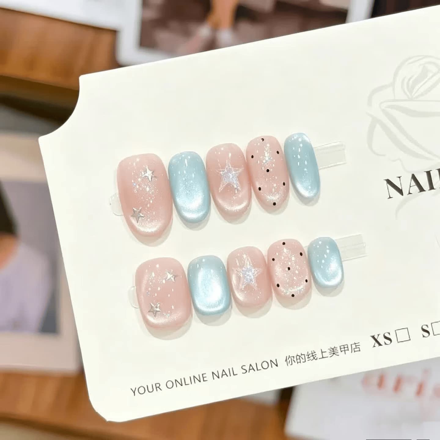[Lime] Lime Star Pink-Blue Cat Eye Star Press-On Nails Summer Fresh Short Nails Handmade Nail Tips