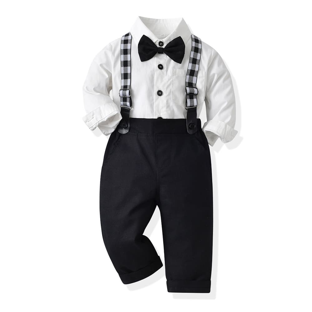 Autumn children's suit 2025 long-sleeved tie shirt suspender trousers two-piece set solid color boy's piano dress