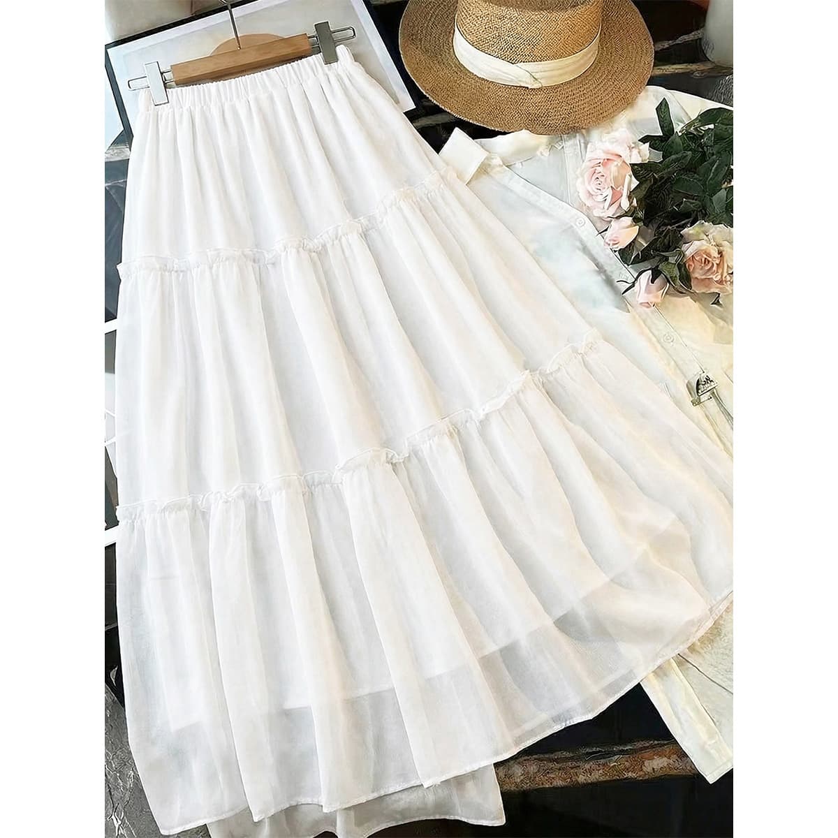 New White Layered Cake Skirt for Summer, Elastic Waist, Multi-Layer Ruffle Hem, Plus Size Slimming Skirt