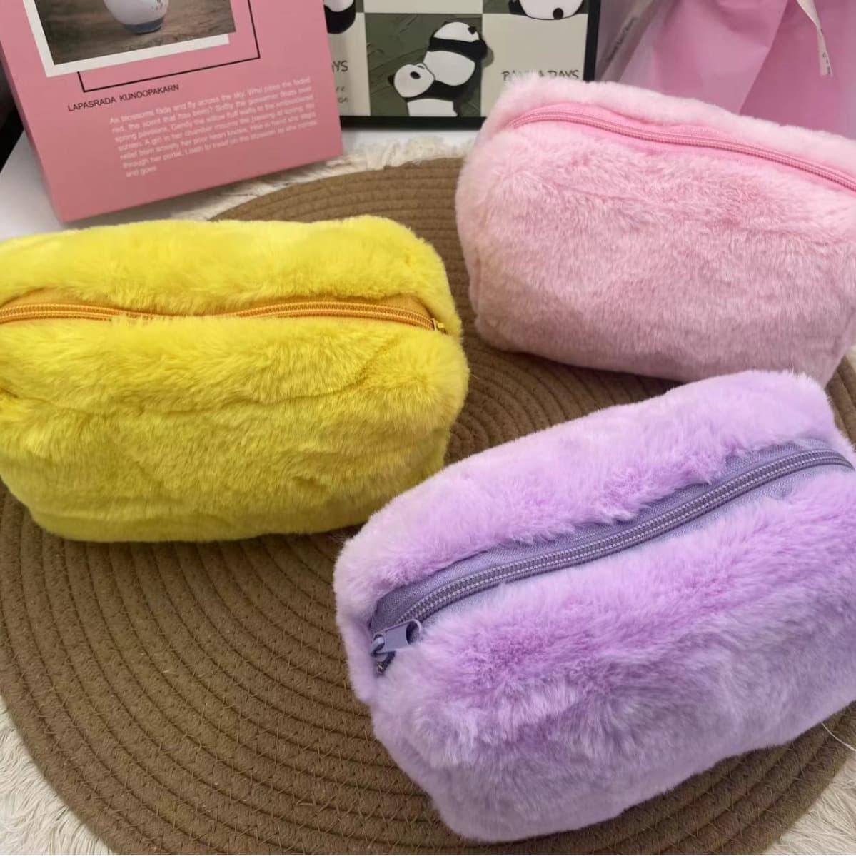 Fluffy Makeup Bag Manufacturer Ready Stock Macaron Colors Sweet Large Capacity Storage Bag High Aesthetic Storage Pouch