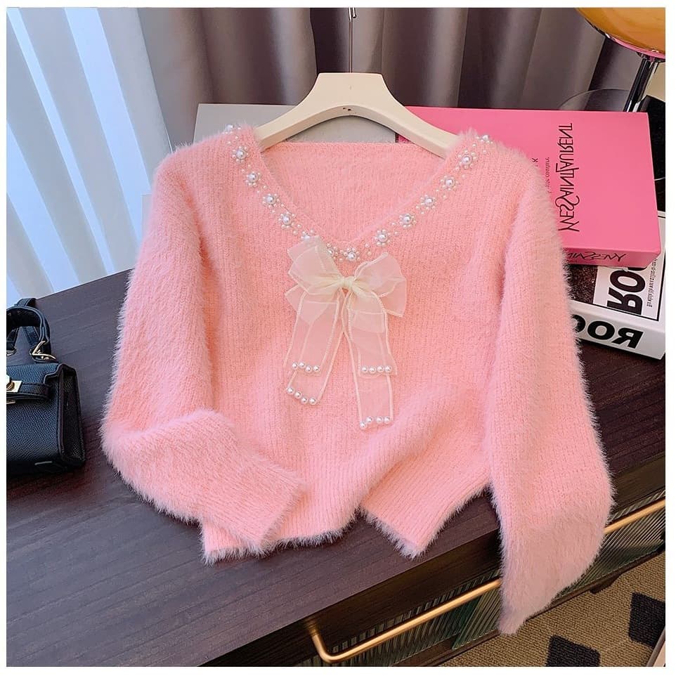 Autumn and winter niche imitation mink knitted high-end soft and waxy lazy style bow sweater for women 2025 chic tops for women