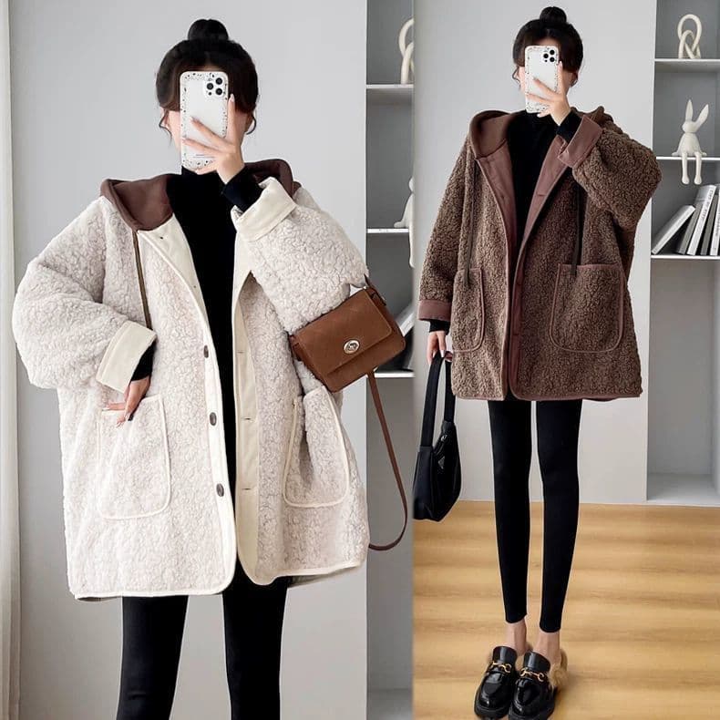 Plus-size Maternity Thickened Lamb Wool Coat for Women, Stylish Casual Loose Hooded Trendy Mom Top up to 200 Jin