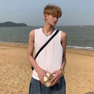 Summer Ice Silk Men's Vest Ribbed Street Sports Sleeveless Base Layer Gym Stretch Sweat-Absorbing Muscle Fit Tight Trendy