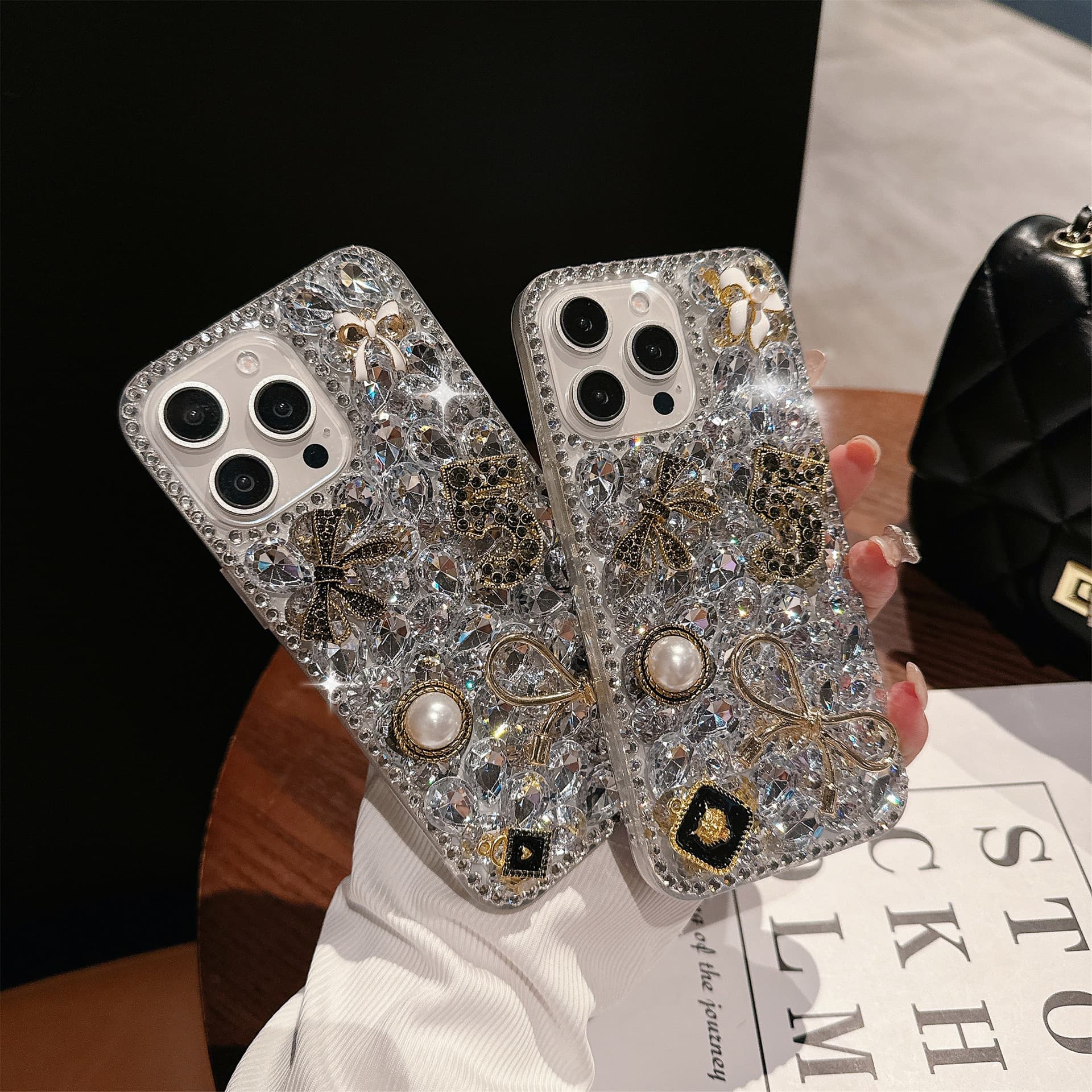 Luxury Full Rhinestone Case for iPhone 17 Pro Max, Pearl Bow Retro Rhinestone Case for iPhone 16/15