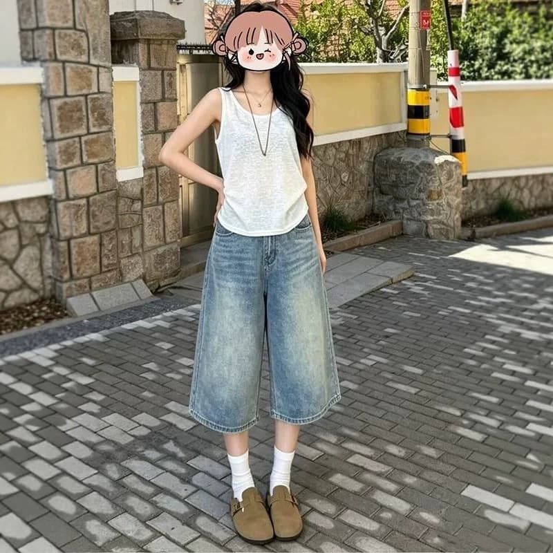 American retro distressed cropped jeans for women summer 2026 new high-waisted loose casual wide-leg straight pants