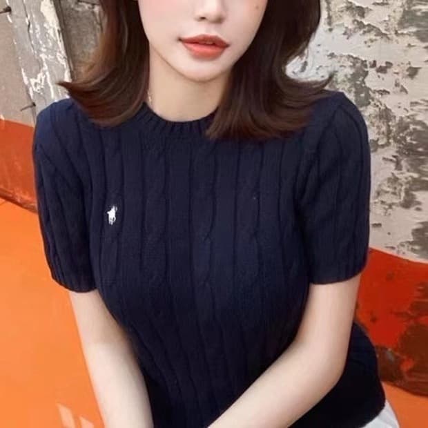 New Embroidered 2025 Knitted Short-Sleeve Cable Knit Sweater American Vintage Round Neck