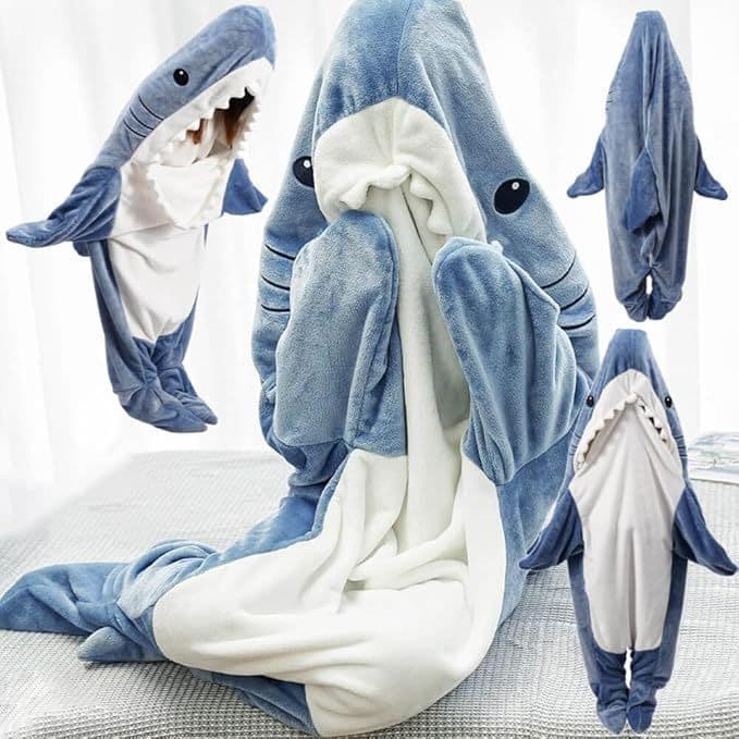 Shark Pajamas Adult Cute Shark Blanket Hoodie Wearable Blanket Super Soft Flannel Sleeping Bag Anti-Kick Quilt