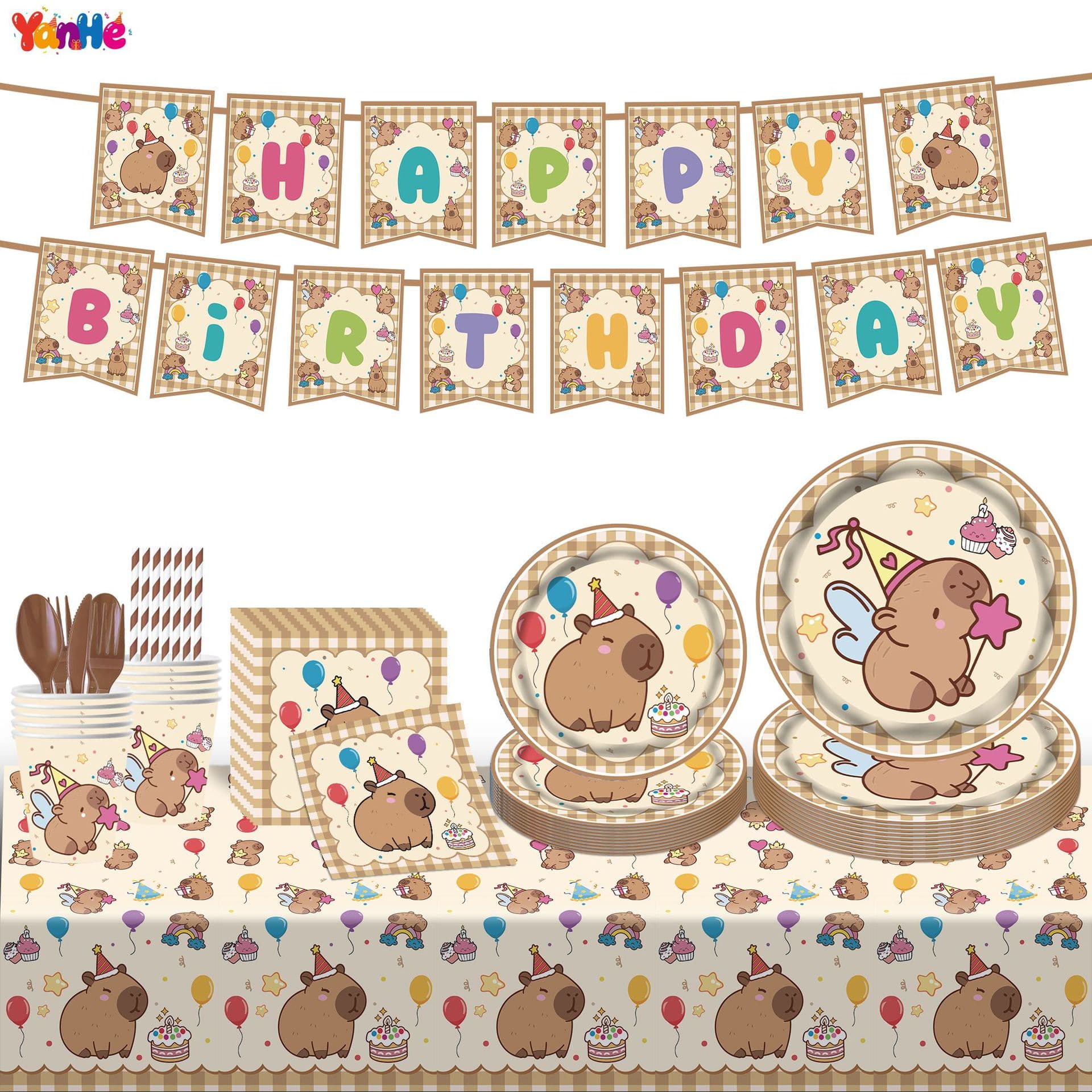 Kapibara Theme Party Supplies Disposable Paper Plate Cutlery Set Birthday Table Cloth Tissue Paper Party Decoration
