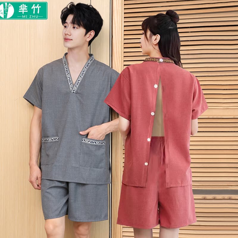 Bamboo Massage Vest for Women, Back Opening, Front and Back Opening, Hemp Fabric, Plus Size, Men's Foot Therapy, Ear Cleaning, Cupping, Scraping, Moxibustion, Bathrobe Set