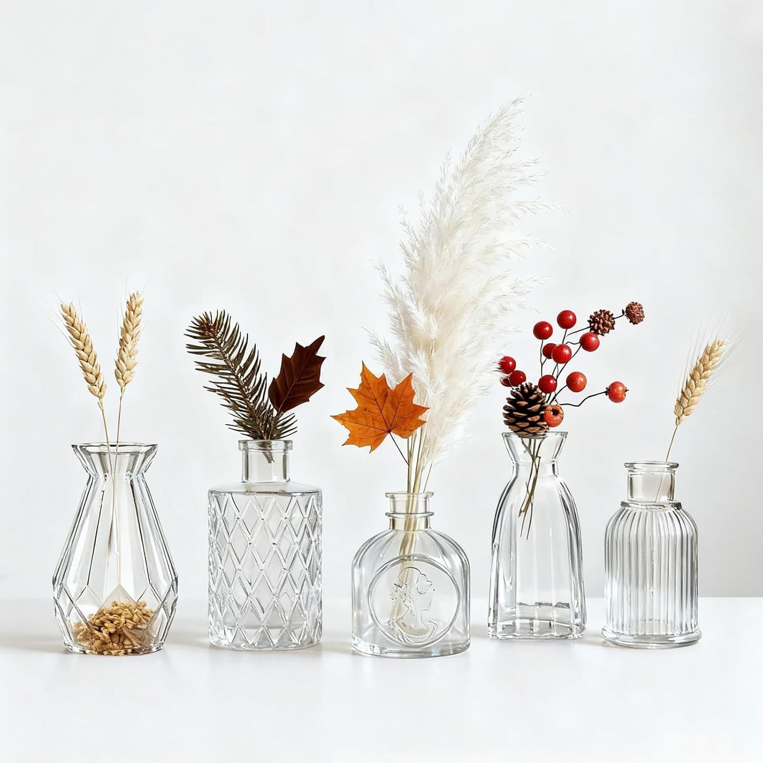 Amazon Embossed Glass Vase Five-piece Set Mini Vase Retro Small Vase Set Desktop Ornament Bottle