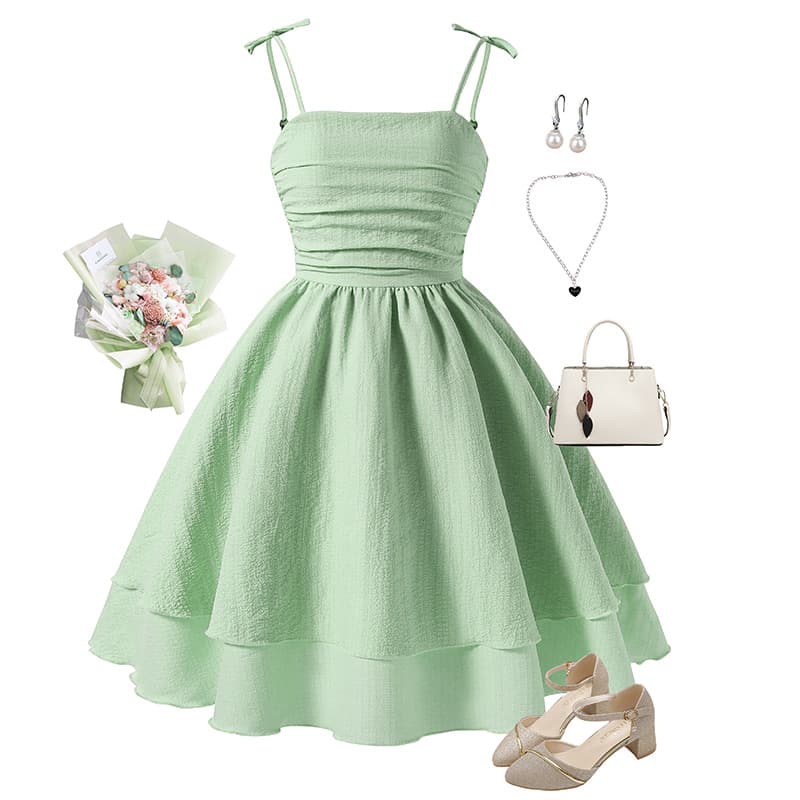 Cross-border popular girls' skirt 2026 summer new sweet bow strap tube top waist slim dress