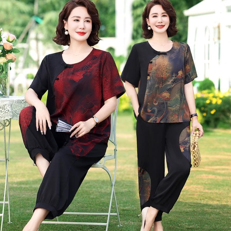 Plus Size Summer Short Sleeve Two-Piece Set for Elderly Women, Loose Fit, Tummy Cover, for 200 lbs