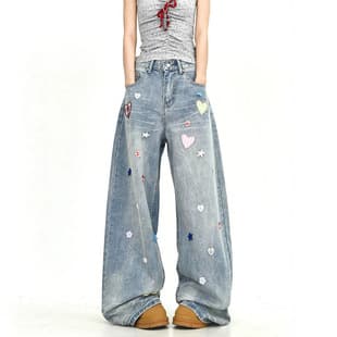 Han Niu Summer New Retro Washed Wide Leg Straight Jeans with Star Patch Button Decoration for Women