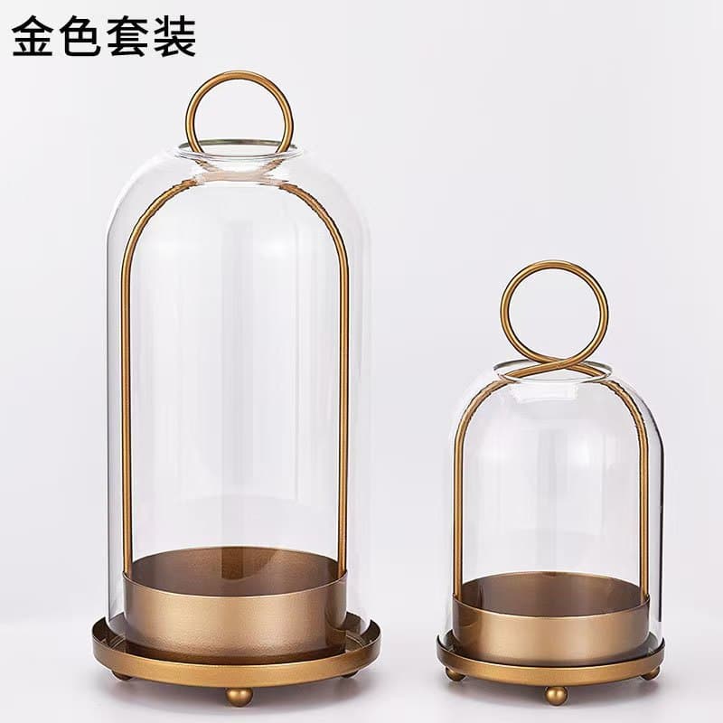 Luxury Metal Glass Dome Decor Dust Cover Tabletop Candle Holder Black Gold Set
