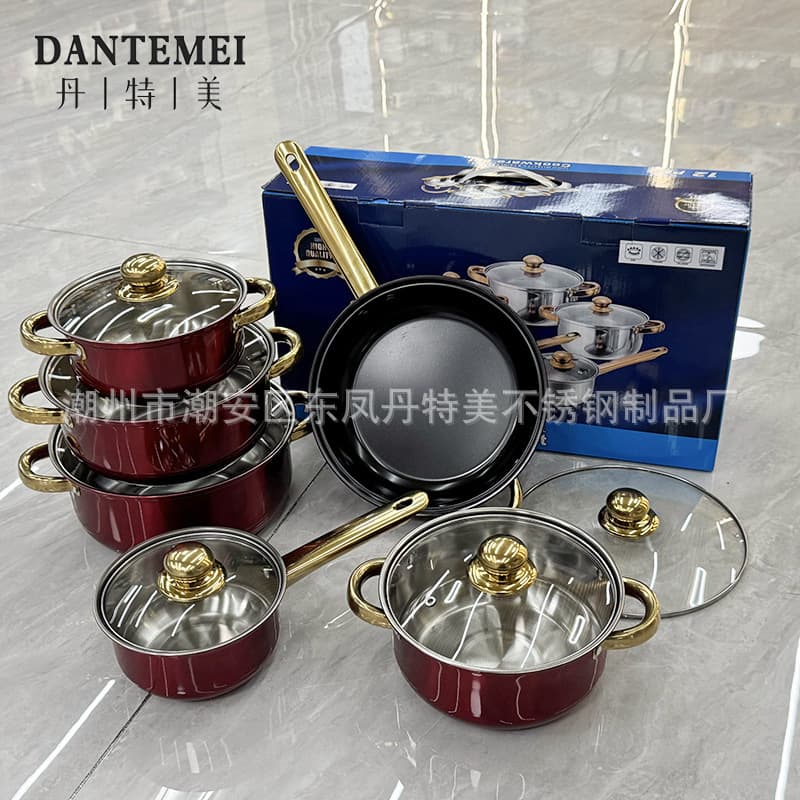 Cross-border export of colorful stainless steel non-stick pots 12-piece set with gold-plated handles cookware set pots