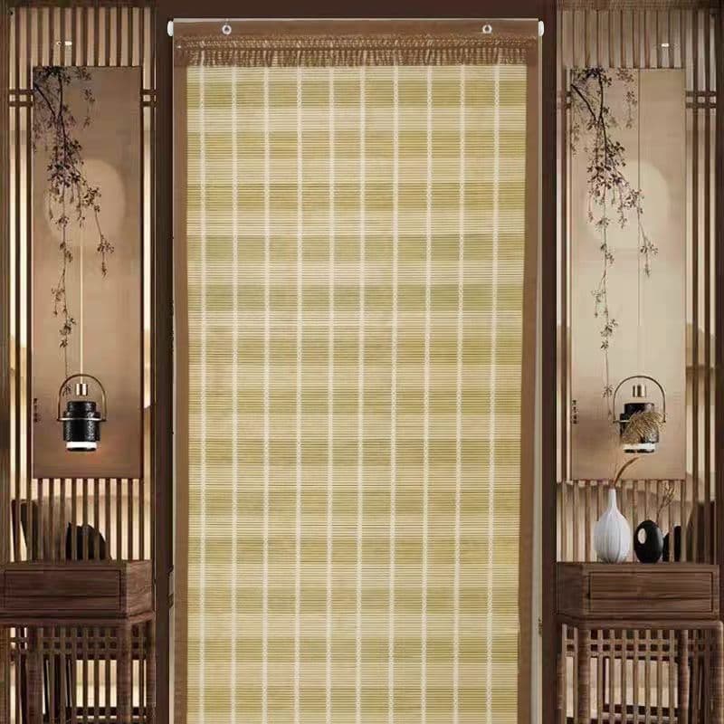 Summer bamboo blinds for home use in kitchens and bedrooms, providing ventilation, sunshade, and mosquito and fly protection. Natural, undyed bamboo door blinds with four-thread weave.
