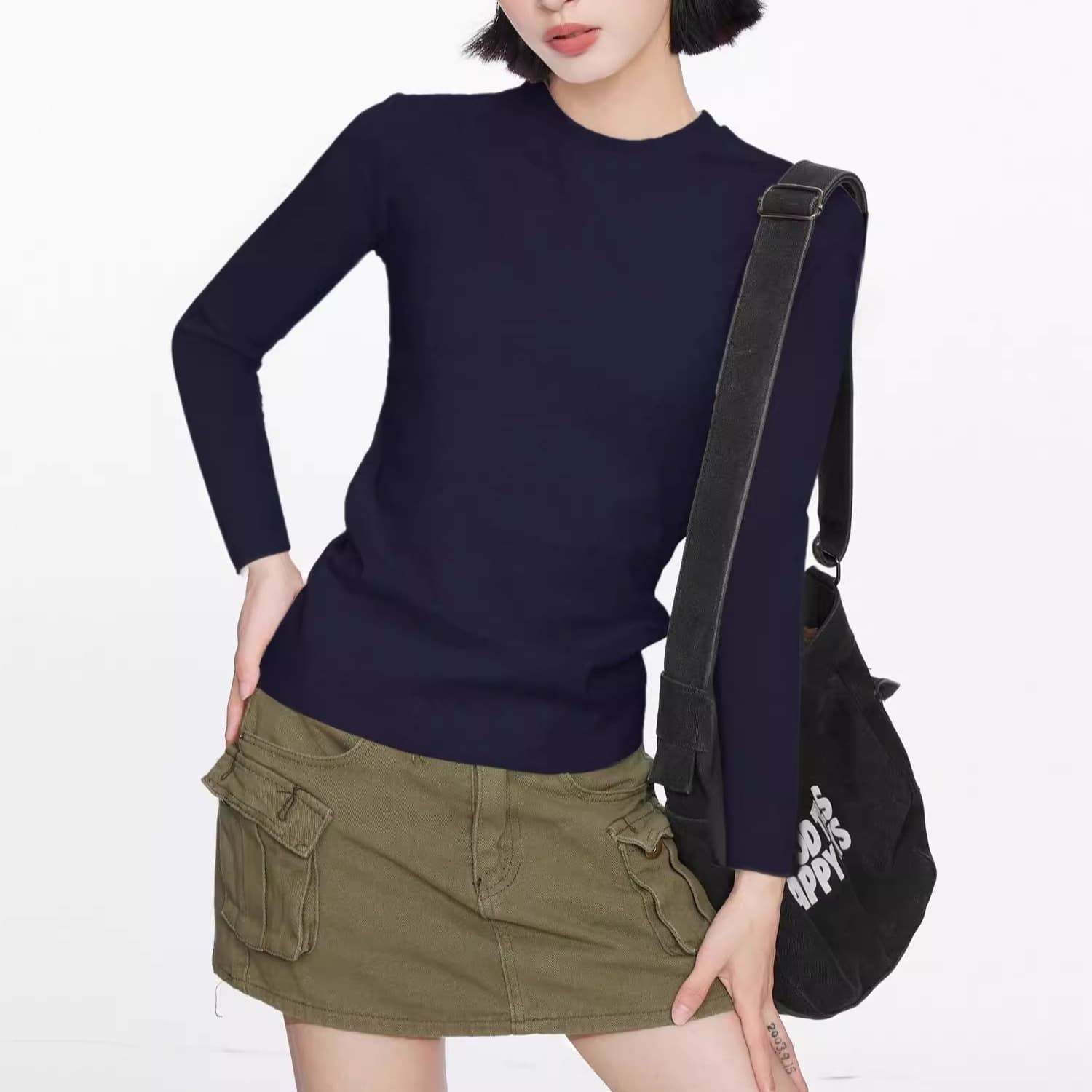 Navy Blue Straight-Shoulder Long-Sleeve T-Shirt for Women, New Autumn and Winter Style, Solid Color, American-Style Slim-Fit Base Layer, Slimming Top