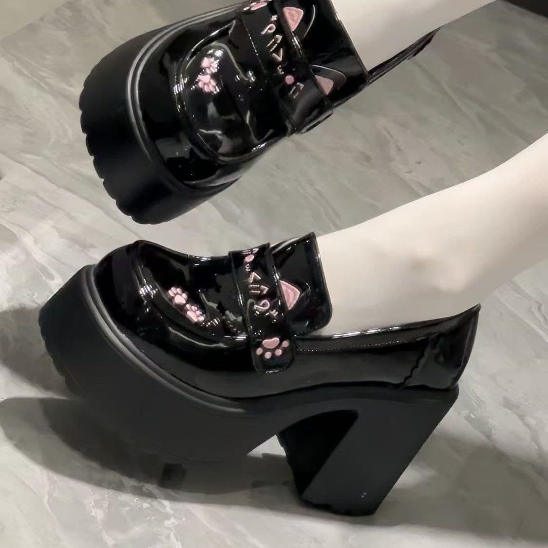 Shiny Platform Lolita Heels Round Toe Japanese 2026 Spring New Cat Ear Thick Sole Uniform Shoes JK Shoes