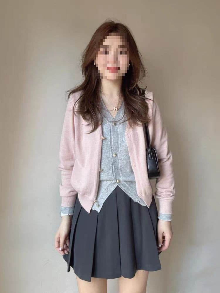 Color Block Fake Two-Piece Collar Knitted Cardigan Women Early Autumn Korean Style Outfit Feeling Gray-Pink Sweater