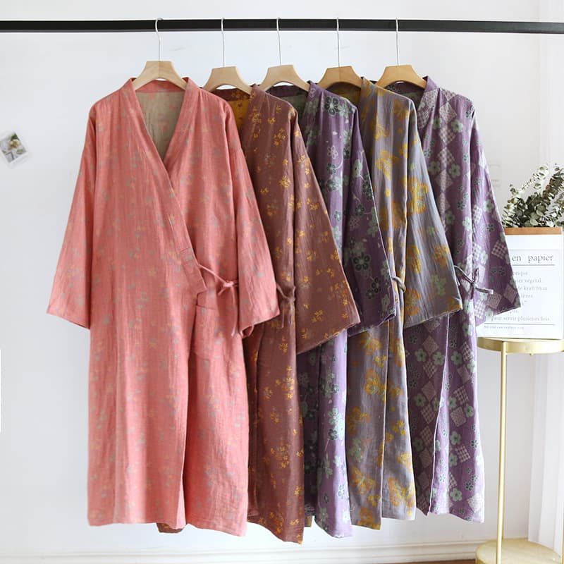 Women's Japanese Kimono Robe Double-Sided Jacquard Vintage Kimono Four-Season Thin Homewear Washable Homewear