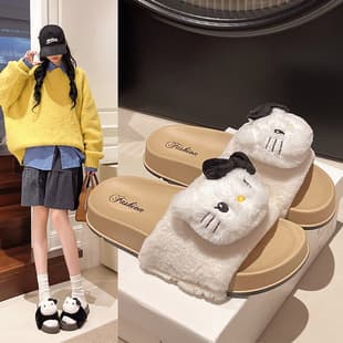 Cute Hello Kitty Furry Slippers for Women, Outdoor Wear 2025 Autumn and Winter New Arrival, Thick-Soled Cartoon Soft Anti-Slip Warm Slippers