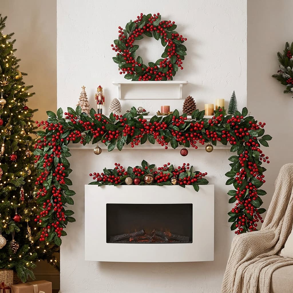Artificial Red Berry Wreath Wall Hanging Holly Leaves with Red Berries Christmas Decoration Garland