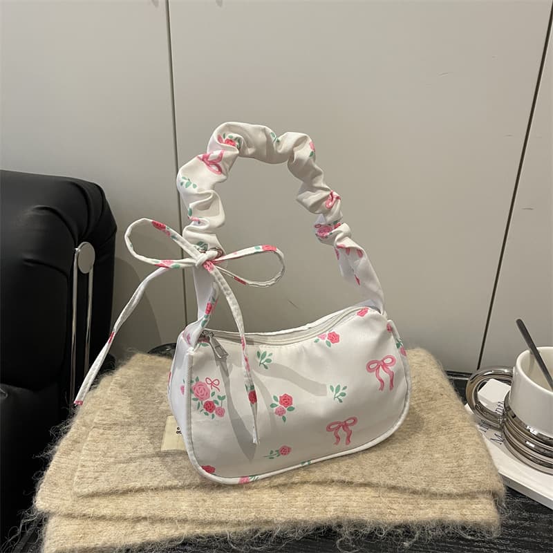 Korean-style trendy women's bag, new crinkled drawstring handbag with floral print, fashionable versatile shoulder and underarm bag