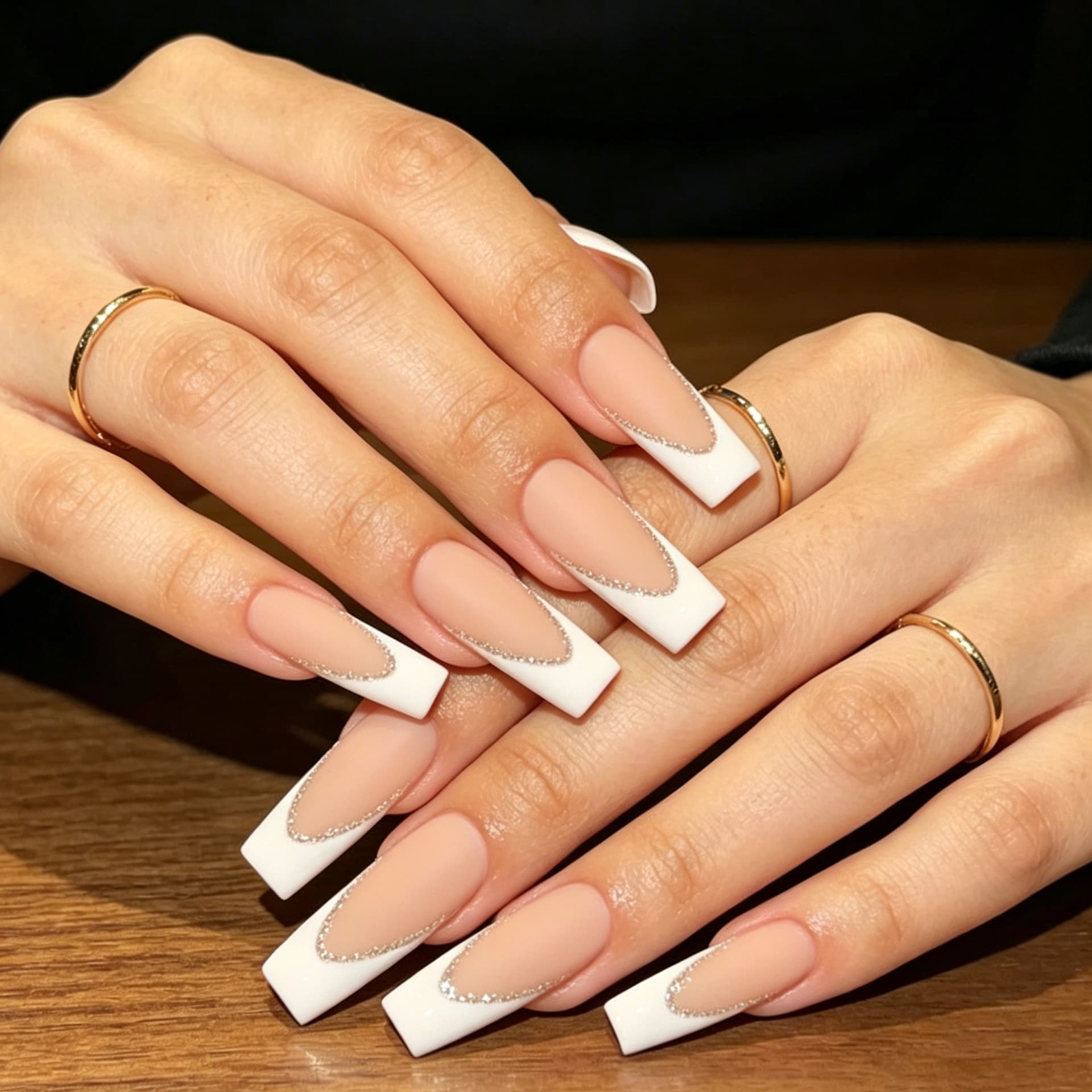 Hot-selling 24-piece classic French silver-edge nail art with premium line design, matte medium long square press-on nails wholesale