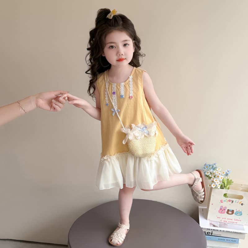 Girls Summer Dress 2026 New Sweet Princess Sleeveless Lace Patchwork Cotton Skirt