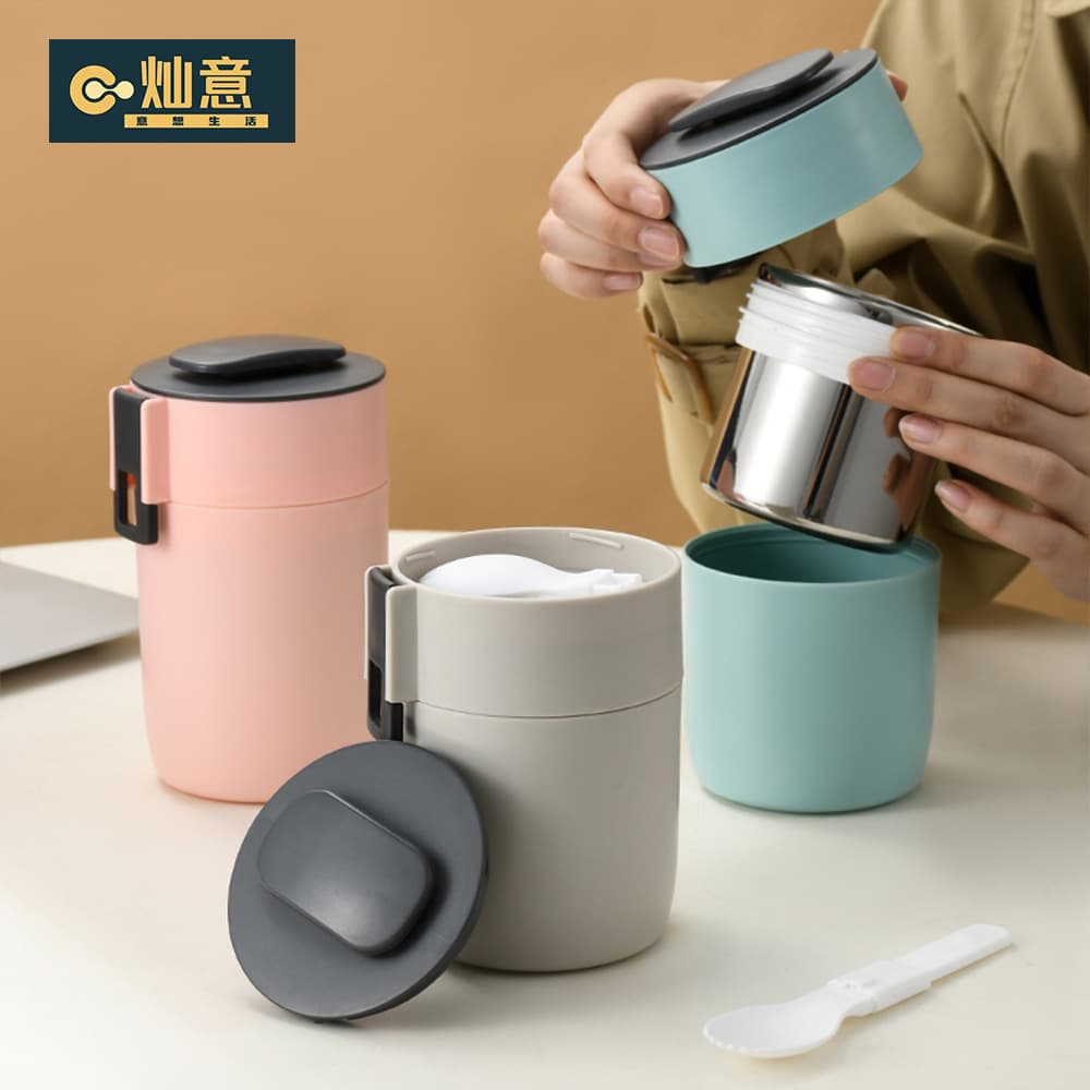 304 Stainless Steel Thermal Breakfast Cup with Spoon, Simple Soup Mug, Electromagnetic/Microwave-Safe Milk Cup Wholesale
