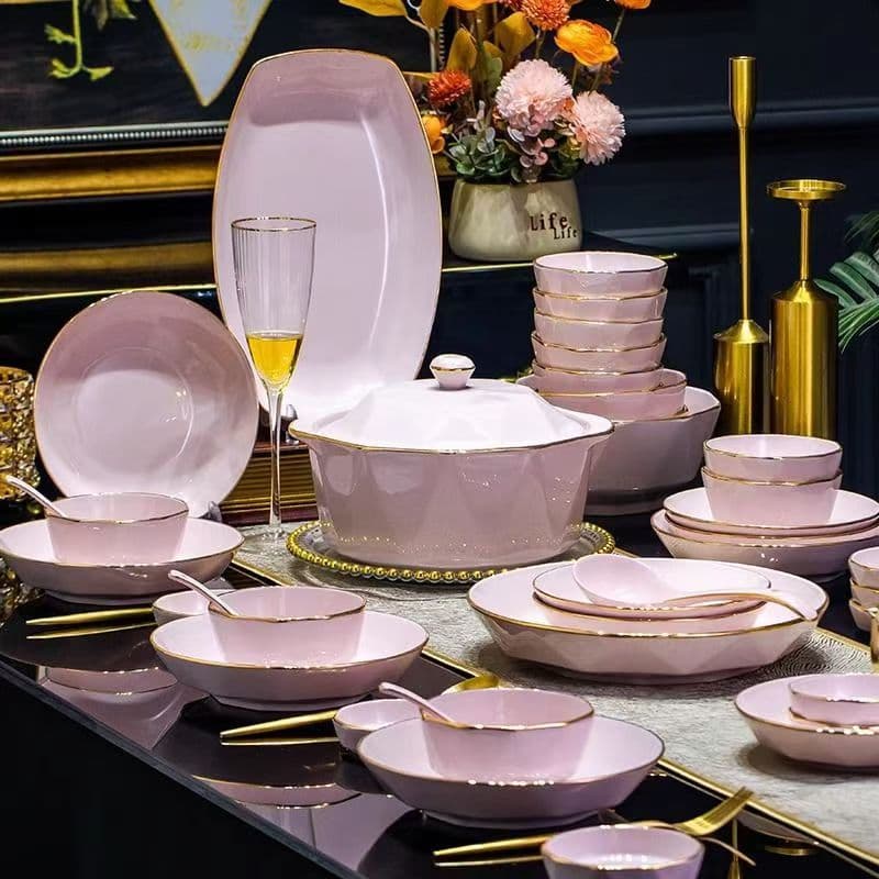 2026 New Pink Gold-Rimmed Diamond Bowl and Plate Set, Household Ceramic Dinnerware, Rice Bowl, Noodle Bowl, Soup Bowl, and Plate Combination