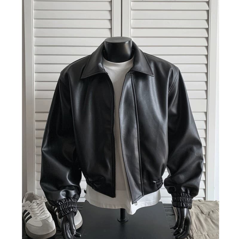 Black Leather Jacket for Men, Cool and High-End Cleanfit Short Lapel Motorcycle Jacket, American Style Autumn and Winter Fashion