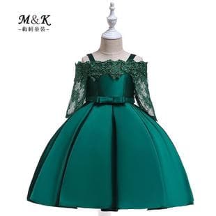 New Children's Girls Princess Dress One-Shoulder Strapless Lace Hollow-Out Long Sleeve Gown, Twill Satin Embroidered Dress