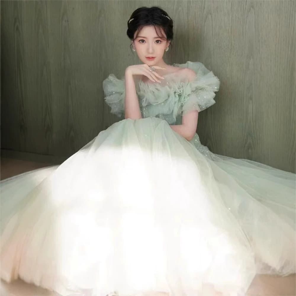 Green Off-Shoulder 2026 Summer New Forest Fairy Evening Gown Princess Dress Tulle Puffy Dress for Hosts Vocal Music Art Exam